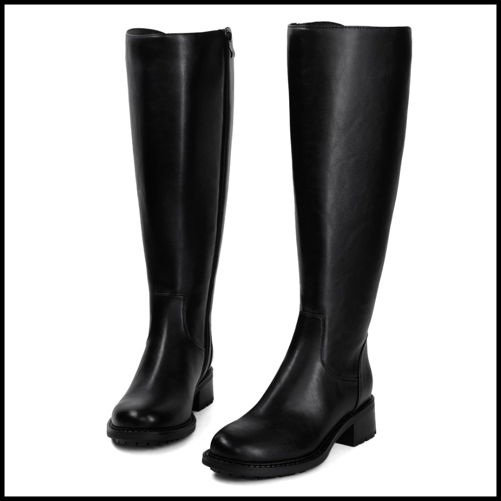 Knee High Boots Round Toe Flat Chunky Heel Riding Boots Faux Leather Classic